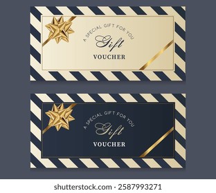 Vector set of luxury gift vouchers with golden ribbons and gift box. Elegant template for holiday gift card, coupon and certificate. Discount coupon template vector illustration EPS10