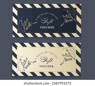 Vector set of luxury gift vouchers with golden ribbons and gift box. Elegant template for holiday gift card, coupon and certificate. Discount coupon template vector illustration EPS10