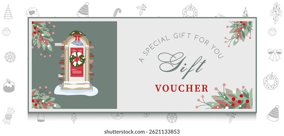 Vector conjunto de vales de regalo de lujo con una bonita puerta y una corona de Navidades. Elegante Plantilla para Tarjeta de regalo de vacaciones, Cupón y certificado. Ilustración vectorial de Plantilla de Cupón de descuento EPS10