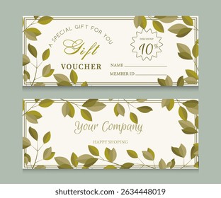 Conjunto de Vector de vales de regalo de lujo con planta verde sobre fondo claro. Elegante Plantilla para Tarjeta de regalo de vacaciones, Cupón y certificado. Ilustración vectorial de Plantilla de Cupón de descuento EPS10	