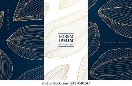 Vector set of luxury gold background, organic shapes, coffee, cacao beans pattern. Chocolate label, package