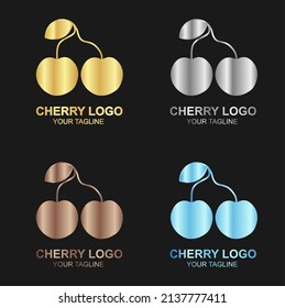 Vector set of luxury gold cherry logo on black background, and also in color, silver, bronze and diamond