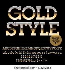 Vector set of luxury golden alphabet letters, numbers and punctuation symbols. Slab style