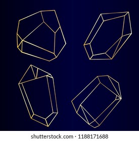 Vector set of luxury golden crystal shapes. Isolated illustration element. Isolated illustration element. Geometric quartz polygon crystal stone mosaic shape amethyst gem.