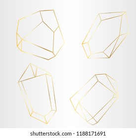 Vector set of luxury golden crystal shapes. Isolated illustration element. Isolated illustration element. Geometric quartz polygon crystal stone mosaic shape amethyst gem.