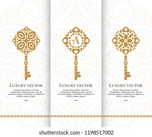 Conjunto vectorial de llaves doradas de lujo. Elementos elegantes y clásicos. Se puede utilizar para la joyería, la belleza y la industria de la moda. Ideal para logotipo, monograma, invitación, volante, menú, folleto, fondo o cualquier idea.