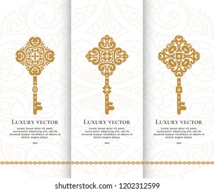 Vector set of luxury golden keys. Elegant, classic elements. Can be used for jewelry, beauty and fashion industry. Great for logo, monogram, invitation, flyer, menu, brochure, background, or any idea.