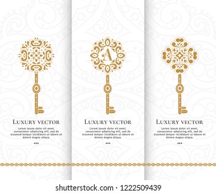 Vector set of luxury golden keys. Elegant, classic elements. Can be used for jewelry, beauty and fashion industry. Great for logo, monogram, invitation, flyer, menu, brochure, background, or any idea.