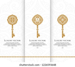 Vector set of luxury golden keys. Elegant, classic elements. Can be used for jewelry, beauty and fashion industry. Great for logo, monogram, invitation, flyer, menu, brochure, background, or any idea.