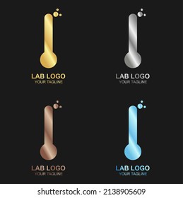 Conjunto vectorial del logo de lujoso laboratorio dorado sobre fondo negro, y también en color, plata, bronce y diamante