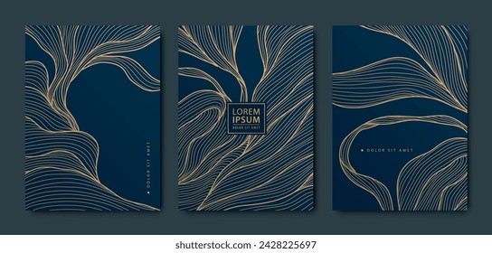 Vector set of luxury golden leaves on black background. Floral line abstract templates for flyers, birthday invitations, vouchers, banners, posters and covers. 