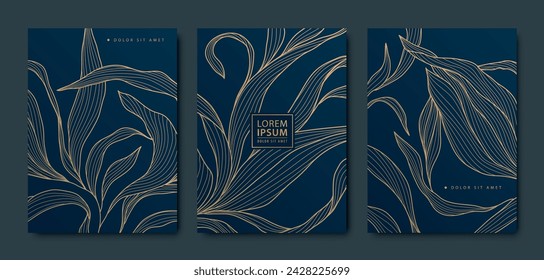Vector set of luxury golden leaves on black background. Floral line abstract templates for flyers, birthday invitations, vouchers, banners, posters and covers. 
