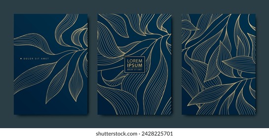 Vector set of luxury golden leaves on black background. Floral line abstract templates for flyers, birthday invitations, vouchers, banners, posters and covers. 