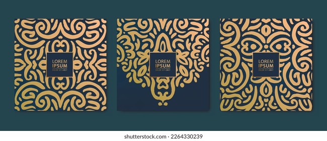 Vector set of luxury golden ornament cards, hand drawn floral motif. Use for invitation, wine label, perfume package, thank you card, etc. Square shape vintage design