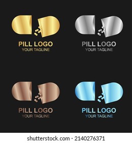 Vector set of luxury golden pill logo on black background, and also in color, silver, bronze and diamond