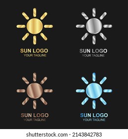 Vector set of luxury golden sun logo on black background, and also in color, silver, bronze and diamond