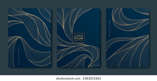 Vector set of luxury japanese pattern textures, wavy line design covers, sea, ocean graphic. Abstract golden posters, art deco flow cards.
