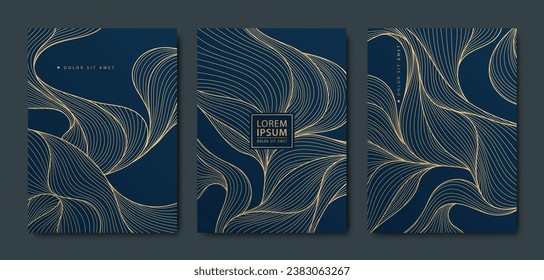 Vector set of luxury japanese pattern textures, wavy line design covers, sea, ocean graphic. Abstract golden posters, art deco flow cards.