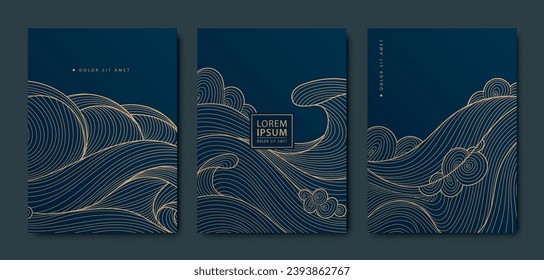 Vector set of luxury japanese pattern textures, wavy line design covers, sea, ocean graphic. Abstract golden posters, art deco flow cards.