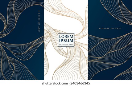 Vector set of luxury labels, wave tags in line japanese style. Elegant fancy banners, package for wine, soap, cosmetics. Golden on black covers, shapes, posters.