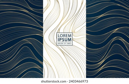 Vector set of luxury labels, wave ribbons tags in line japanese style. Elegant fancy banners, package for wine, soap, cosmetics. Golden on black covers, shapes, posters.