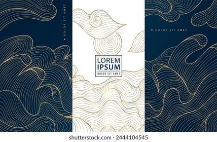 Vector set of luxury labels, wave tags in line japanese style. Elegant fancy banners, package for wine, soap, cosmetics. Golden on black covers, shapes, posters.