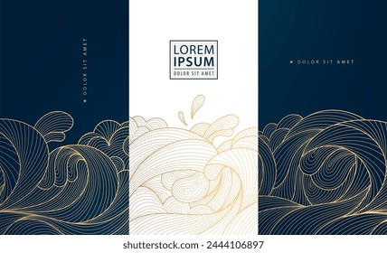 Vector set of luxury labels, wave tags in line japanese style. Elegant fancy banners, package for wine, soap, cosmetics. Golden on black covers, shapes, posters.