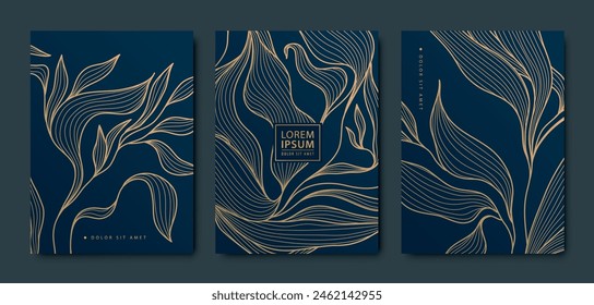 Conjunto de Vector de fondos de oro de hojas de lujo, patrones de flores, tarjetas florales abstractas. Marcos, Plantillas de textura, cubiertas de plantas de arte, pósters elegantes.