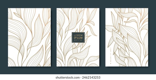 Vector set of luxury leaf gold backgrounds, flower patterns, abstract floral cards. Frames, beauty texture templates, art plant covers, elegant posters.