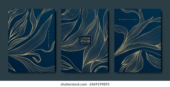 Vector set of luxury leaf gold backgrounds, flower patterns, abstract floral cards. Frames, beauty texture templates, art plant covers, elegant posters