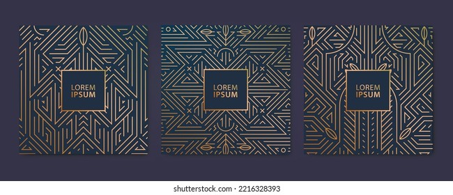 Vector set of luxury line cover templates, square line art deco patterns. Design elements for placards, banners, flyers, presentations and cards.