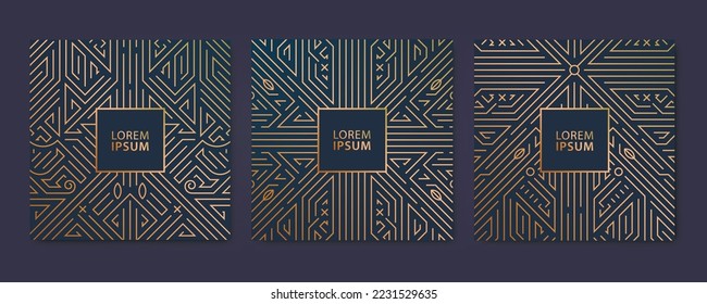 Vector set of luxury line cover templates, square line art deco patterns, logos, badges. Design elements for placards, banners, flyers, presentations and cards