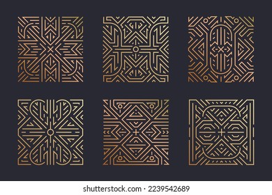 Vector set of luxury line geometric templates, square line art deco patterns, logos, badges. Design elements for placards, banners, flyers, presentations and cards