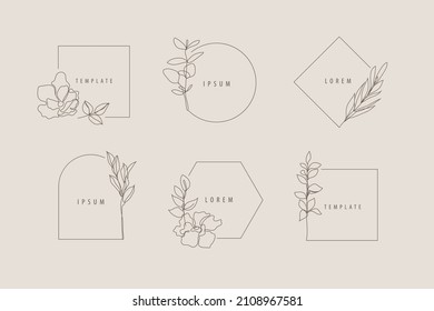 Vector set of luxury line minimalist floral frames, logo design templates and monogram concepts, linear style emblems for fashion, beauty, social net. 