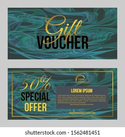 Vector set of luxury modern gift voucher card template with marble texture in dark green color