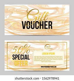 Vector set of luxury modern gift voucher card template with marble texture in gold and white color