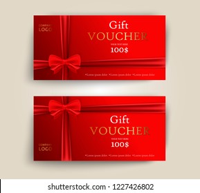 Vector set of luxury red gift vouchers with ribbons and bow. Elegant template for a festive gift card, coupon and certificate. Discount Coupon Template. Vector Illustration EPS10