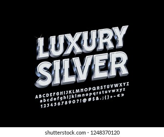 Vector set of luxury Silver Alphabet Letters, Numbers and Symbols. Metallic gradient Font.