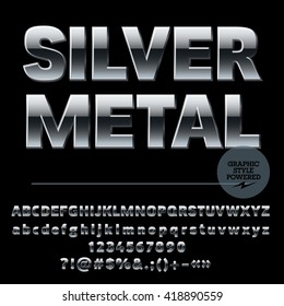 Vector set of luxury silver alphabet letters, numbers and punctuation symbols. Compact ultra bold style