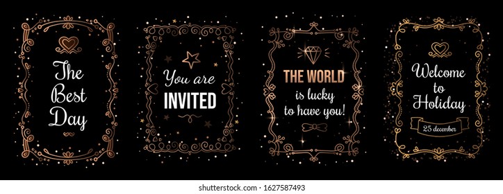 Vector set of luxury template illustration with inscription and shine golden floral frame on black background. Flat line art style decorative design for romantic greeting card, wedding invitation