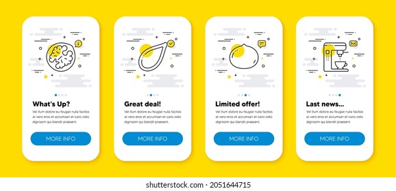 Vector set of Macadamia nut, Walnut and Pumpkin seed line icons set. UI phone app screens with line icons. Coffee maker icon. Vegetarian food, Tea machine. Phone UI banners. Vector