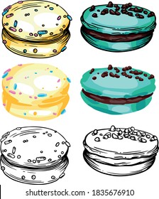 Vector set of macarons cookies of different colors. Color illustration and black and white line. Macaroons images for menus, flyers, banners, and covers.