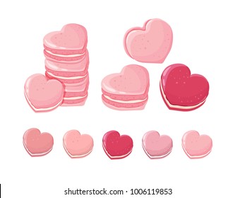 Vector set of macaroons. French dessert in heart shape and shades of pink.  