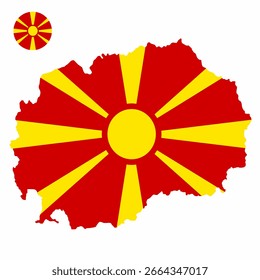 Conjunto vetorial da bandeira da Macedônia de mapa alto detalhado e emblema da bandeira nacional em volta isolado no fundo branco.