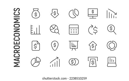Vector set of macroeconomics thin line icons. Design of 20 stroke pictograms. Signs of macroeconomics isolated on a white background.