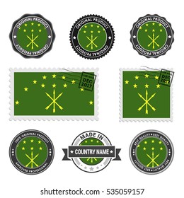 Vector set of made in the Adygea labels. Approved Product, Original Product Stamps label design. country flag air mail stamp, vector illustration