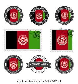 Vector set of made in the Afghanistan labels. Approved Product, Original Product Stamps label design. country flag air mail stamp, vector illustration