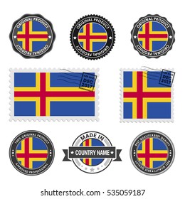 Vector set of made in the Aland labels. Approved Product, Original Product Stamps label design. country flag air mail stamp, vector illustration