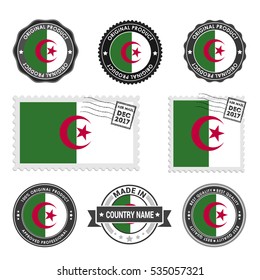 Vector set of made in the Alegeria labels. Approved Product, Original Product Stamps label design. country flag air mail stamp, vector illustration