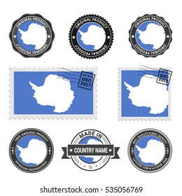 Vector set of made in the Antarctica labels. Approved Product, Original Product Stamps label design. country flag air mail stamp, vector illustration